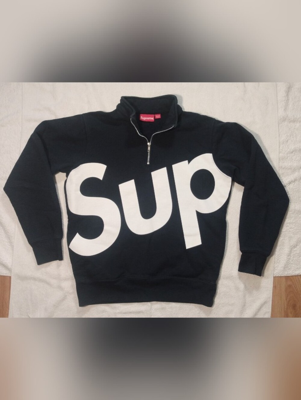SUPREME 2015 Dark Navy Blue SUP Logo Qrtr Zip Pullover Side Pocket Sweatshirt -M
